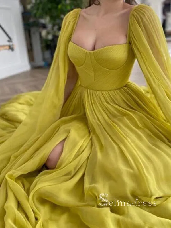 A-line Square Long Prom Dress Thigh Split Chiffon Cheap Evening Dresses HLK023