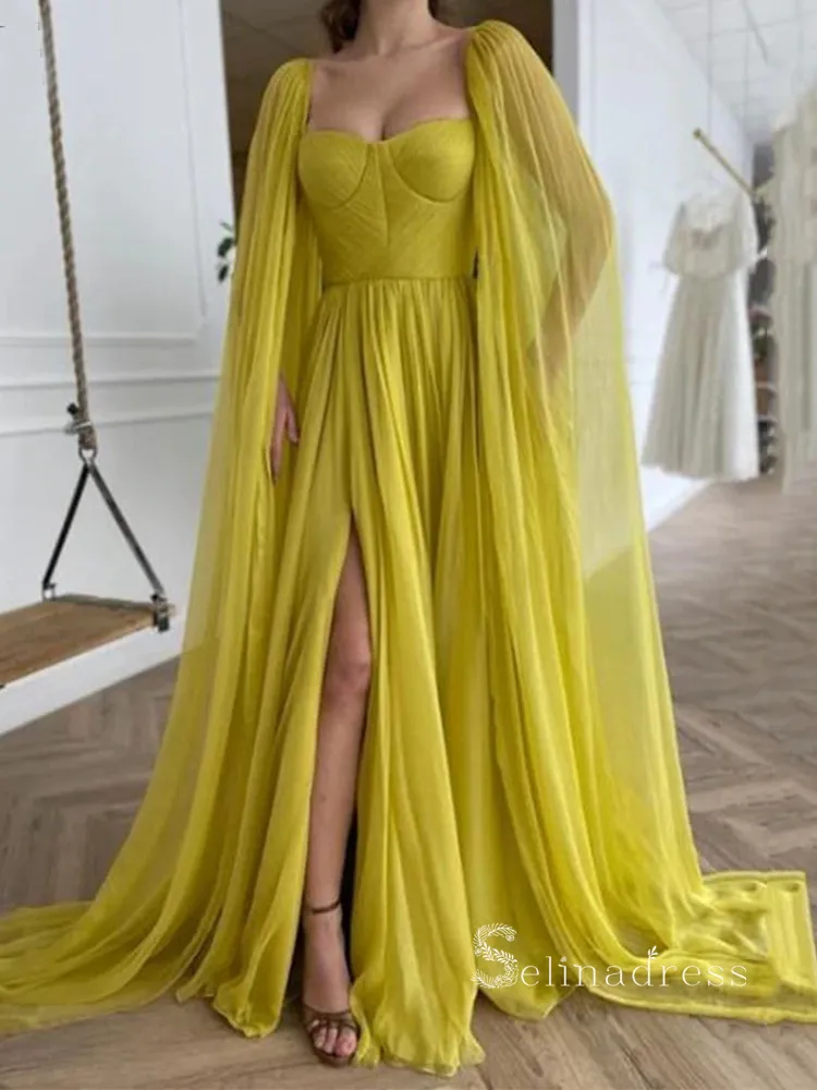 A-line Square Long Prom Dress Thigh Split Chiffon Cheap Evening Dresses HLK023