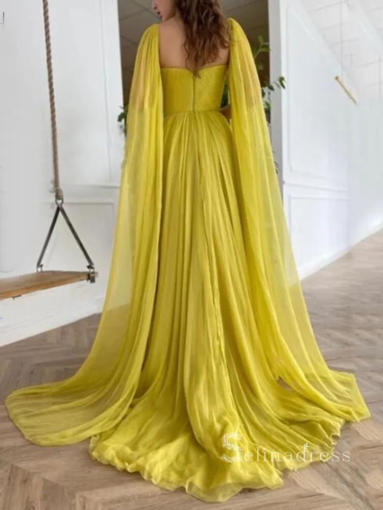 A-line Square Long Prom Dress Thigh Split Chiffon Cheap Evening Dresses HLK023
