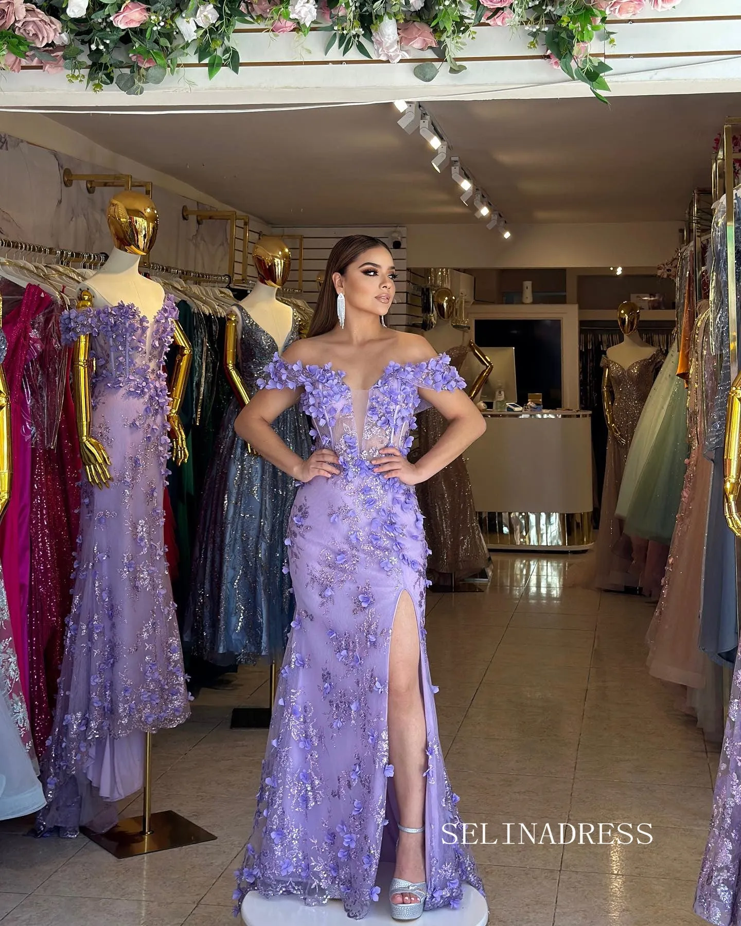 Chic Sheath/Column Off-the-shoulder Lavender Long Prom Dresses Elegant 3D Flower Evening Dress sew03346
