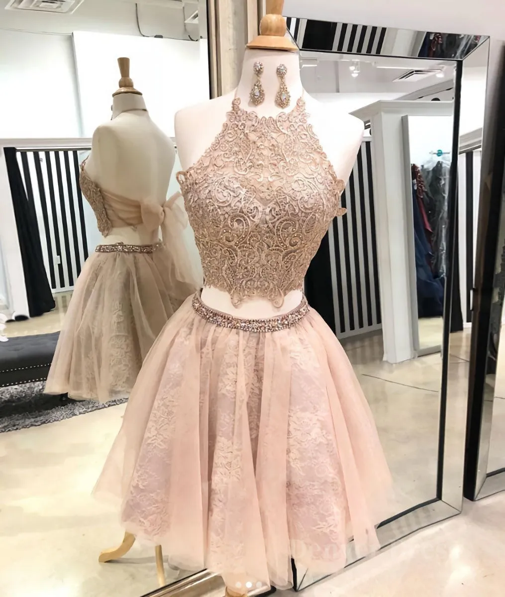 Cute champagne tulle lace short prom dress homecoming dress