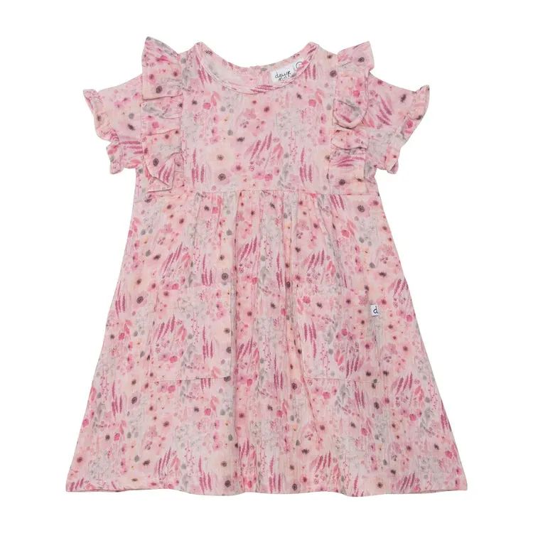 DPD Printed Pocket Dress With Ruffles Pink Watercolor Flowers