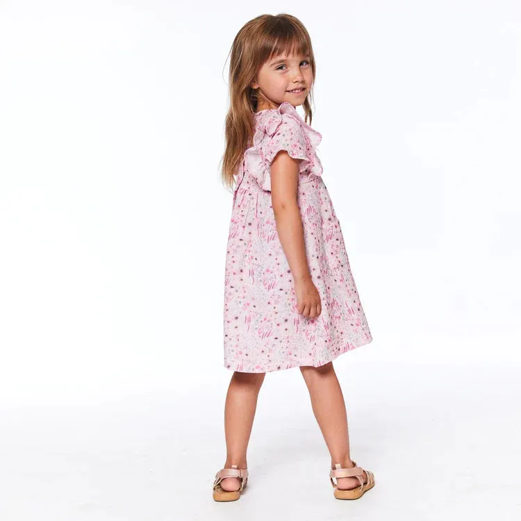 DPD Printed Pocket Dress With Ruffles Pink Watercolor Flowers