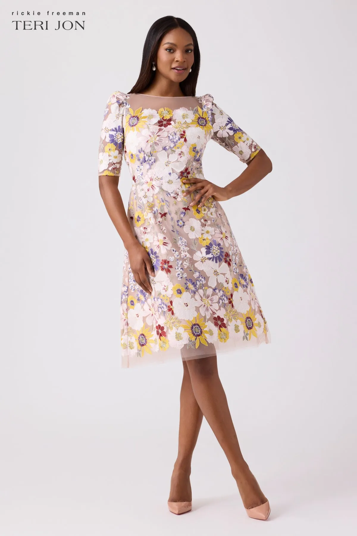 Elbow Sleeve 3D Flower Embroidered Fit And Flare Dress