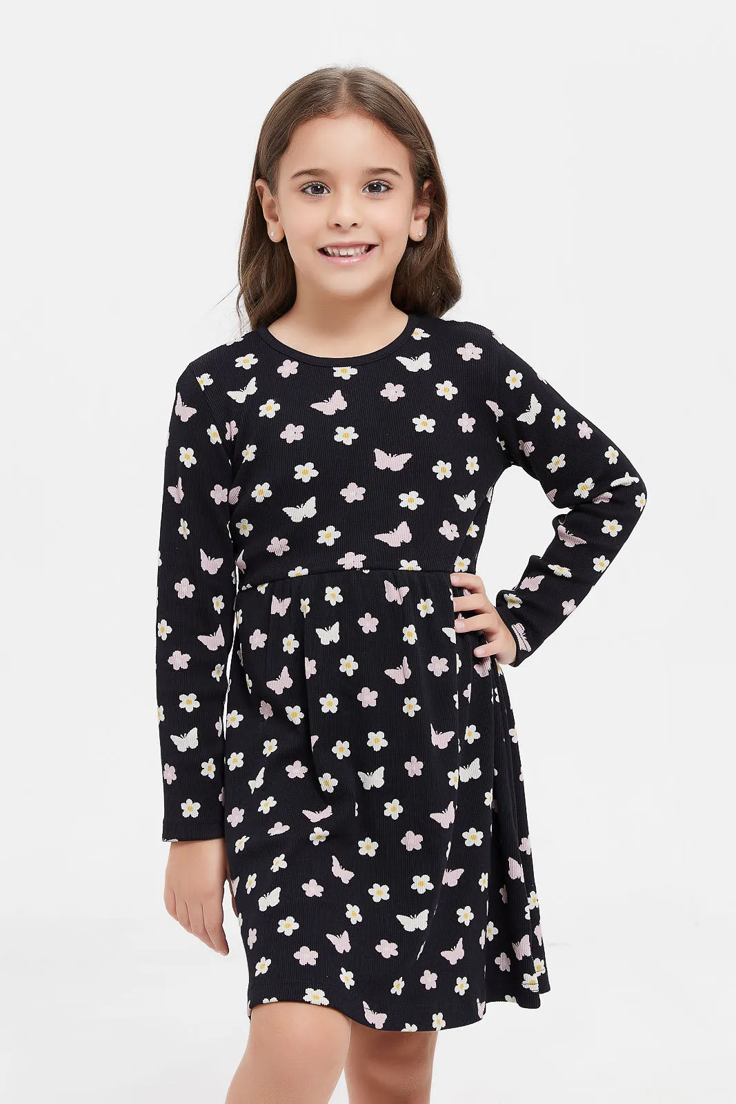 Girls Black And Yellow Floral Print Dress Set (Pack of 2)