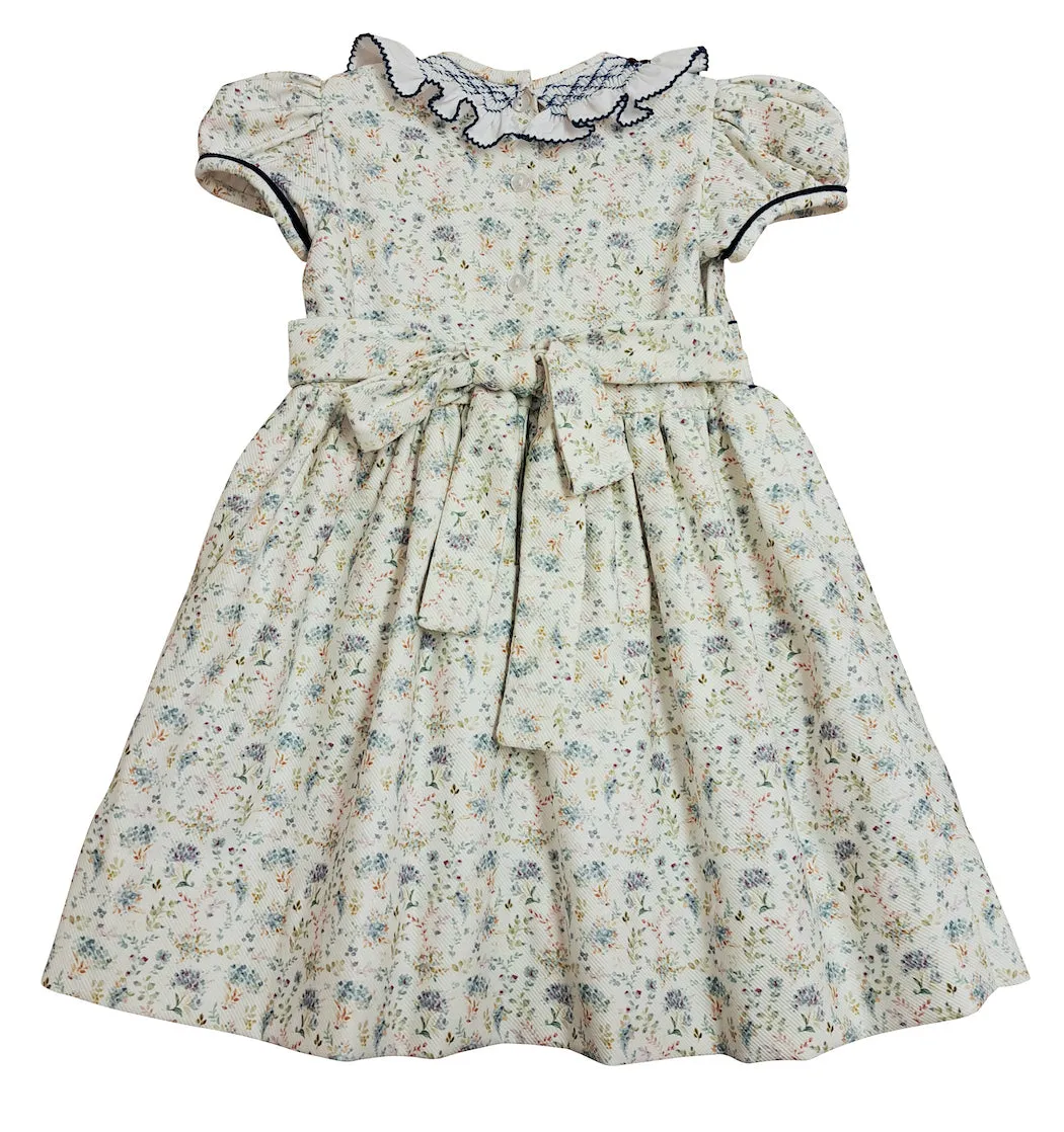 Mia - Girl's Fall Blue Floral Print Ruffled Collar Dress