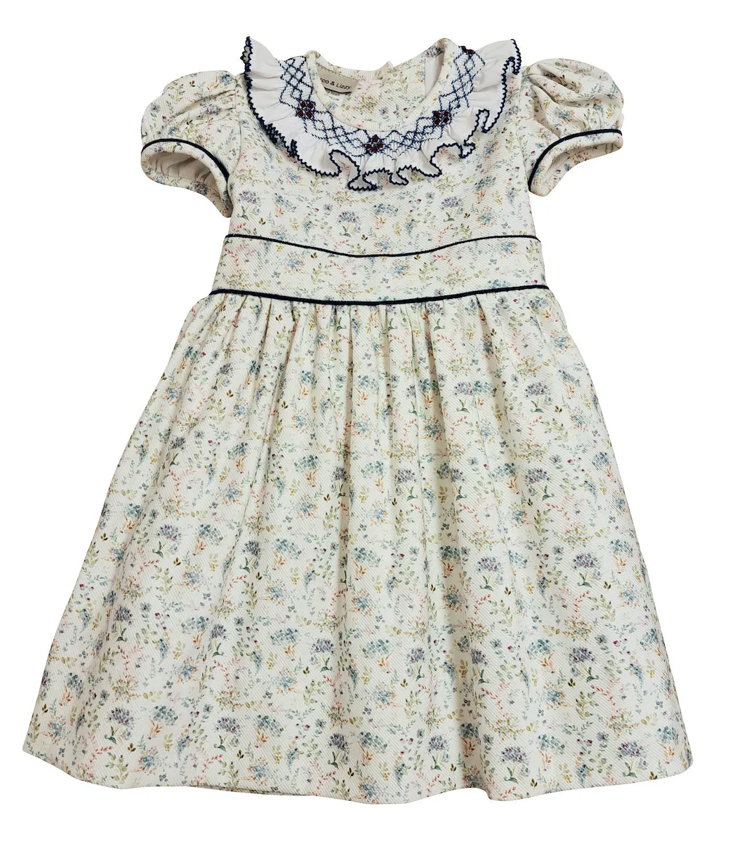 Mia - Girl's Fall Blue Floral Print Ruffled Collar Dress