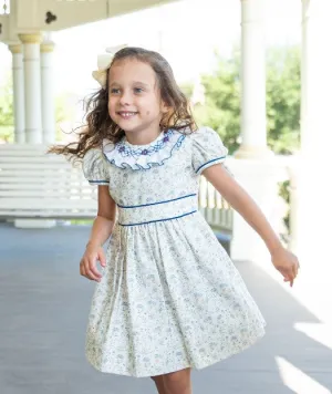 Mia - Girl's Fall Blue Floral Print Ruffled Collar Dress