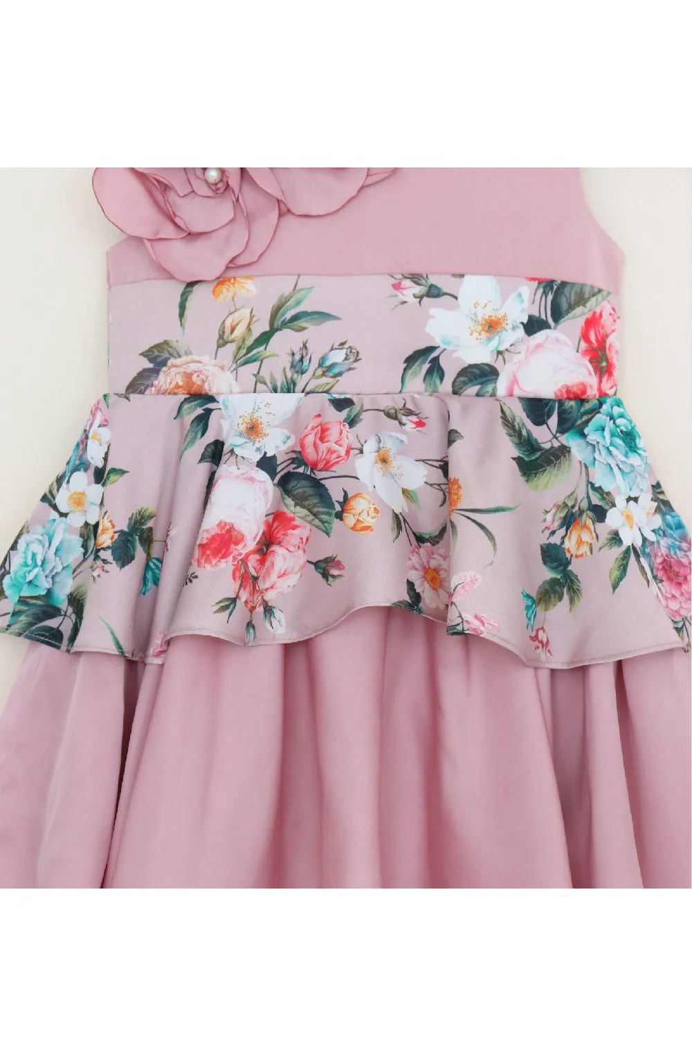 Rose Pink Handmade Flower Detailing Satin Dress