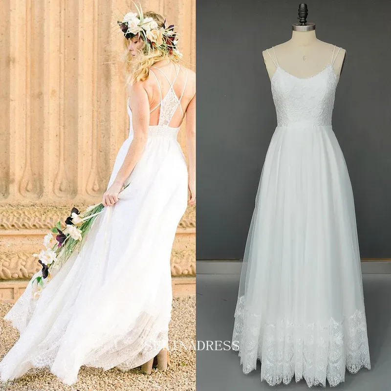 Spaghetti Straps Beach Lace Wedding Dresse Custom Wedding Gown Bridal Dresses GRDK010