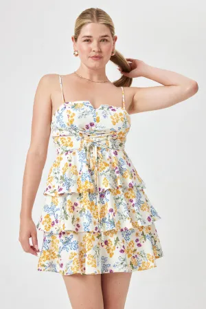 White Yellow Multi Floral Lace Up Front Dress